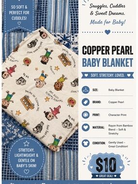 Copper Pearl Baby Blanket - Character Print in Blue & Cream